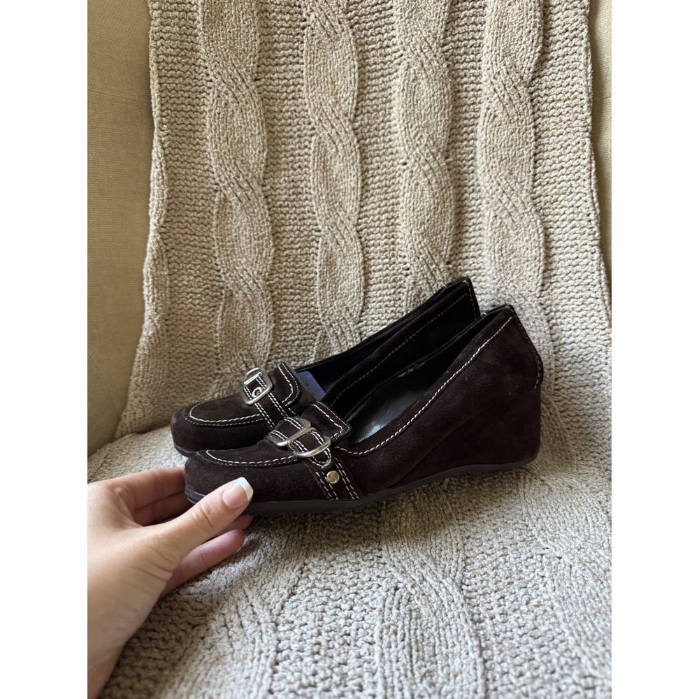 Marc Fisher Brown Suede Wedge Loafers Buckle Detail Size 8.5 M